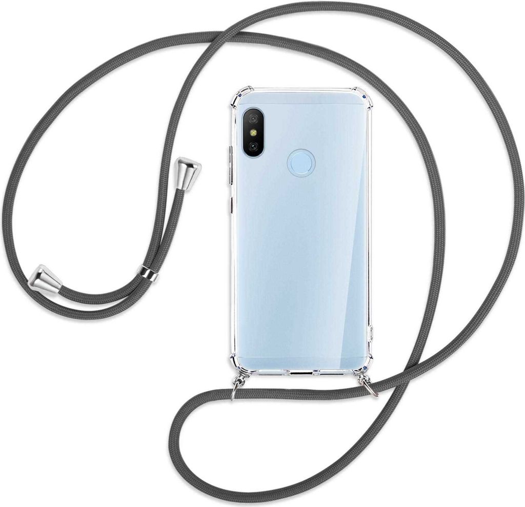 Handykette Backcover-Schutzhülle mit Band (Metall silberfarben) für Xiaomi Mi A2 Lite - dunkelgrau
