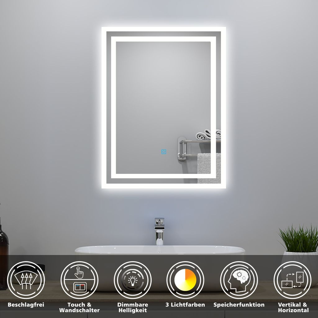 A modern bathroom vanity with a lit mirror above a sink. The bottom of the image features icons describing product features.