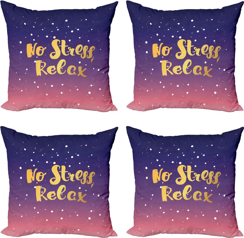 ABAKUHAUS Sprichwort Kissenbezug Set (4 Stück), Typografische No Stress Relax, Moderner Doppelseitiger Digitaldruck, 40 cm x 40 cm, Mehrfarbig