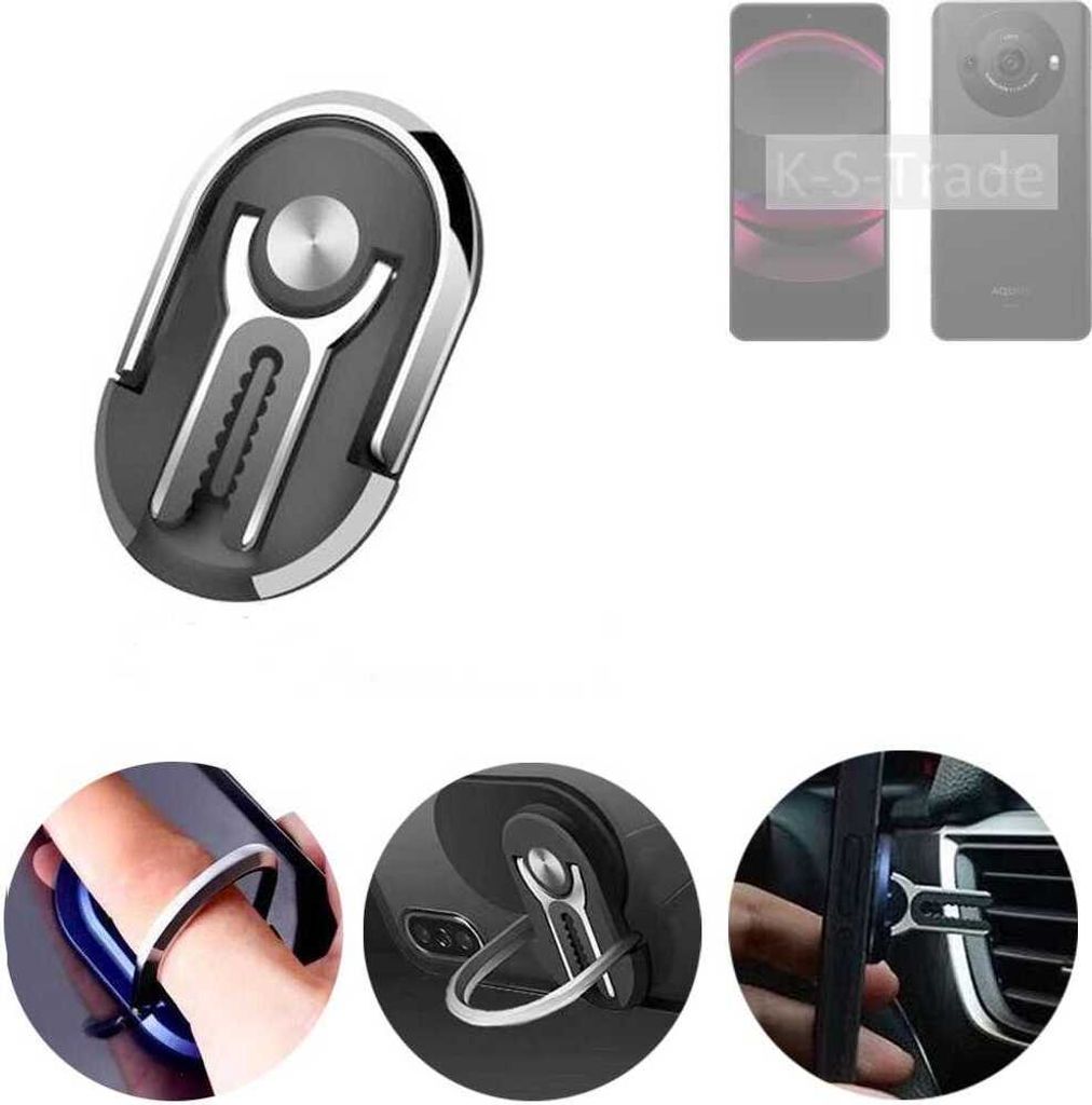 K-S-Trade 3in1 Smartphone-Ring Handy-Ring kompatibel mit Sharp Aquos R8 Pro Fingerhalterung Handyring Tischständer Lüftungsgitter-Halterung Tisch
