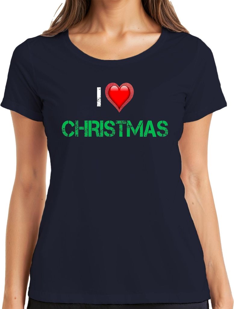 I Love Christmas Herz Rot Grunge Weihnachten Geschenk Vintage Damen T-Shirt, Navy, XXL