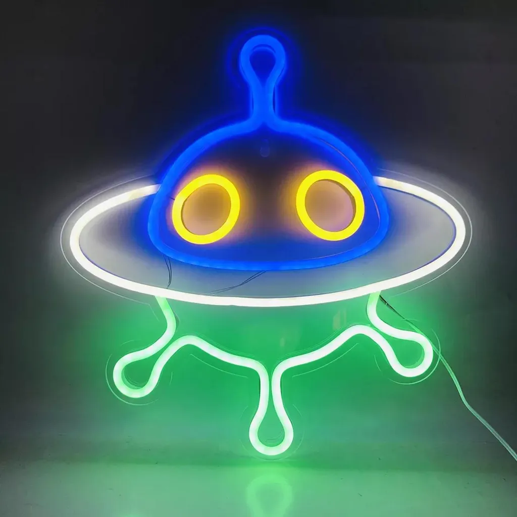 Néon LED OVNI Vaisseau Spatial Vert Multicolore - Lampe Murale 40x38cm