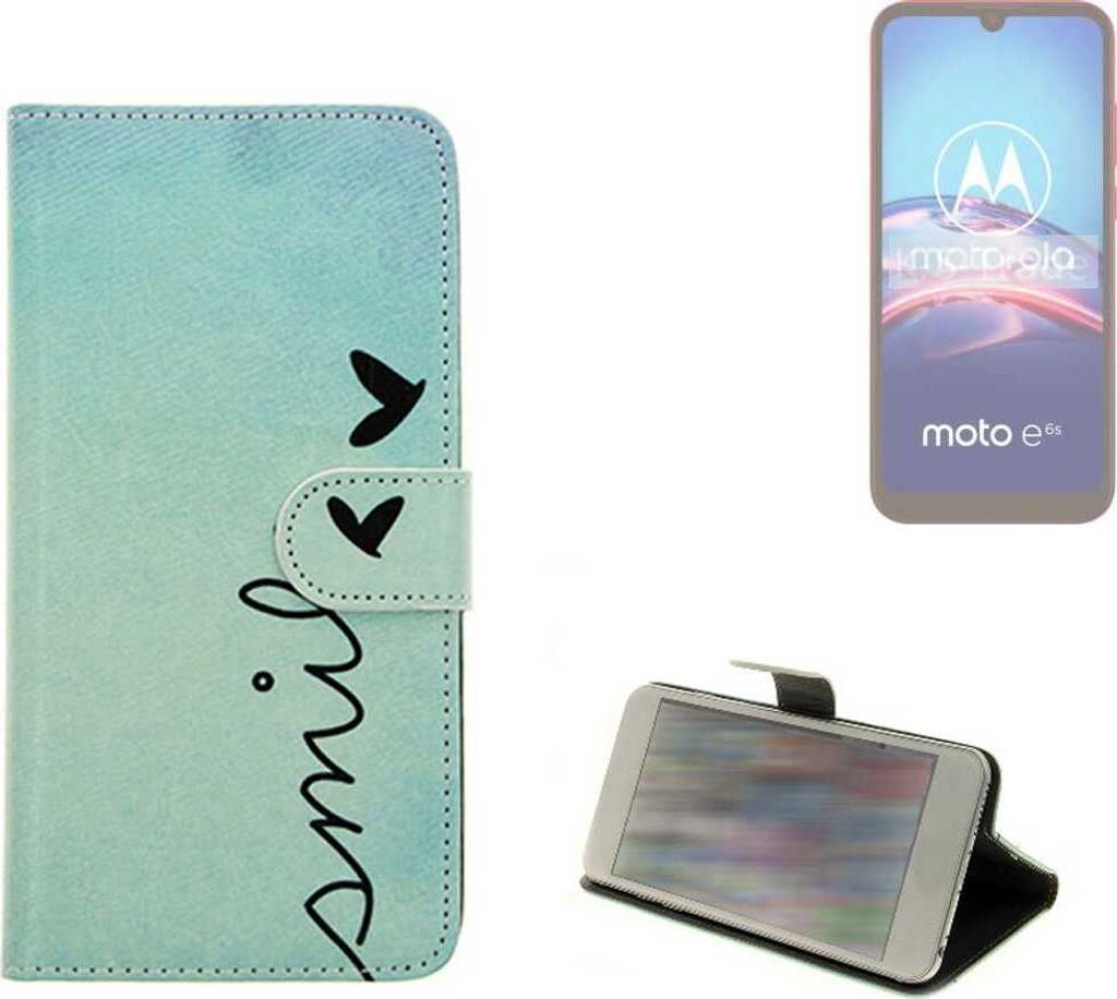 K-S-Trade Schutz Hülle Handy Hülle kompatibel mit Motorola E6s Hülle Handyhülle cover bookstyle Etui Handyhülle ''smile'' türkis Standfunktion