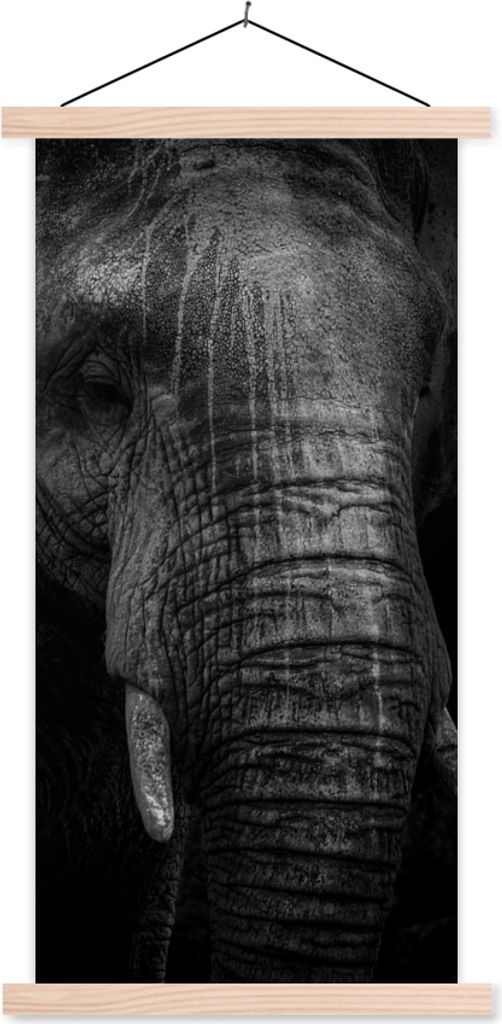 MuchoWow Textilposter Elefant auf schwarzem Hintergrund in schwarz und weiß 40x80 cm mit holzfarbenen Rahmen - Wohnzimmer