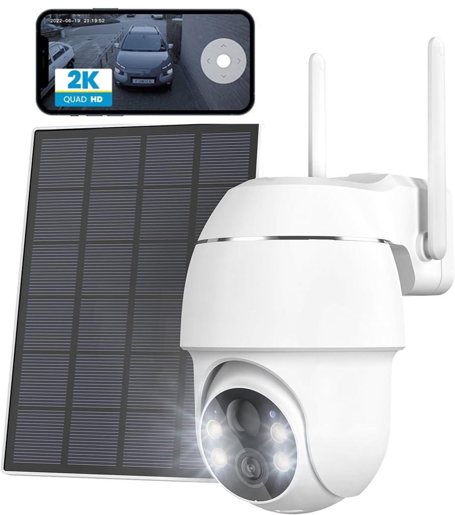 2K Überwachungskamera Aussen Akku mit Solarpanel WLAN 360° Schwenkbare Kabellose Überwachungskamera PIR Bewegungsmelder Nachtsicht in Farbe