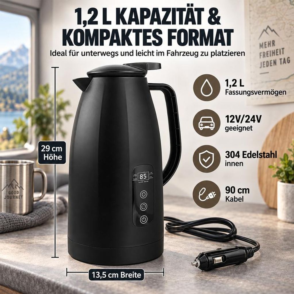 Auto-Wasserkocher 12V 24V, 1,2 L Edelstahl-Wasserkocher für