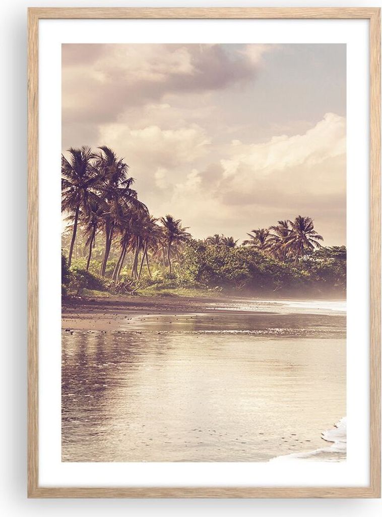 Gerahmtes Poster - Rahmen in heller Eiche - Palmen Strand Wasser - 50x70 cm - Wand Bild - Wanddeko - Wandbilder - Kunstposter - Wandposter - Bilder...