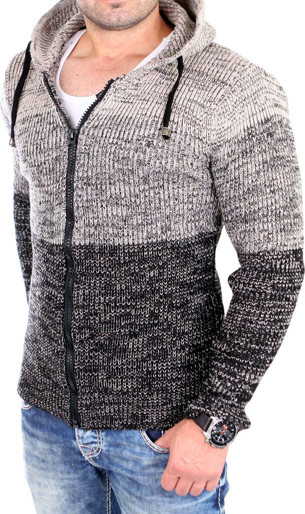 Reslad Strickjacke Herren Colorblock Kapuzen Cardigan Jacke RS-3109 Schwarz S
