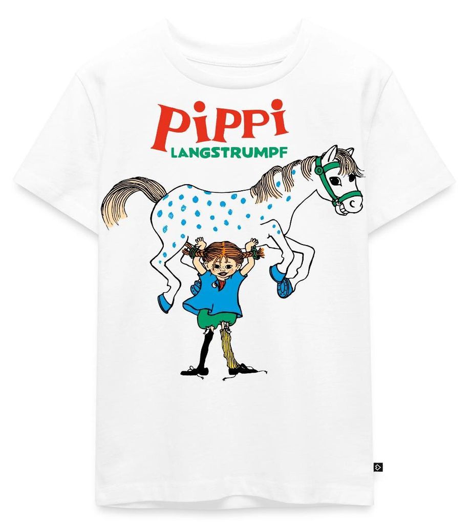 Spreadshirt Pippi Langstrumpf Pippi Hebt Kleiner Onkel Kinder Premium T-Shirt, 122/128 (6 Jahre), Weiß