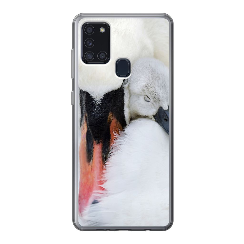 MuchoWow Handyhülle Schutzhülle Hülle für Samsung Galaxy A21s Nahaufnahme eines Schwans mit Jungen Silikon Softcase Handy Hülle - Hartschale