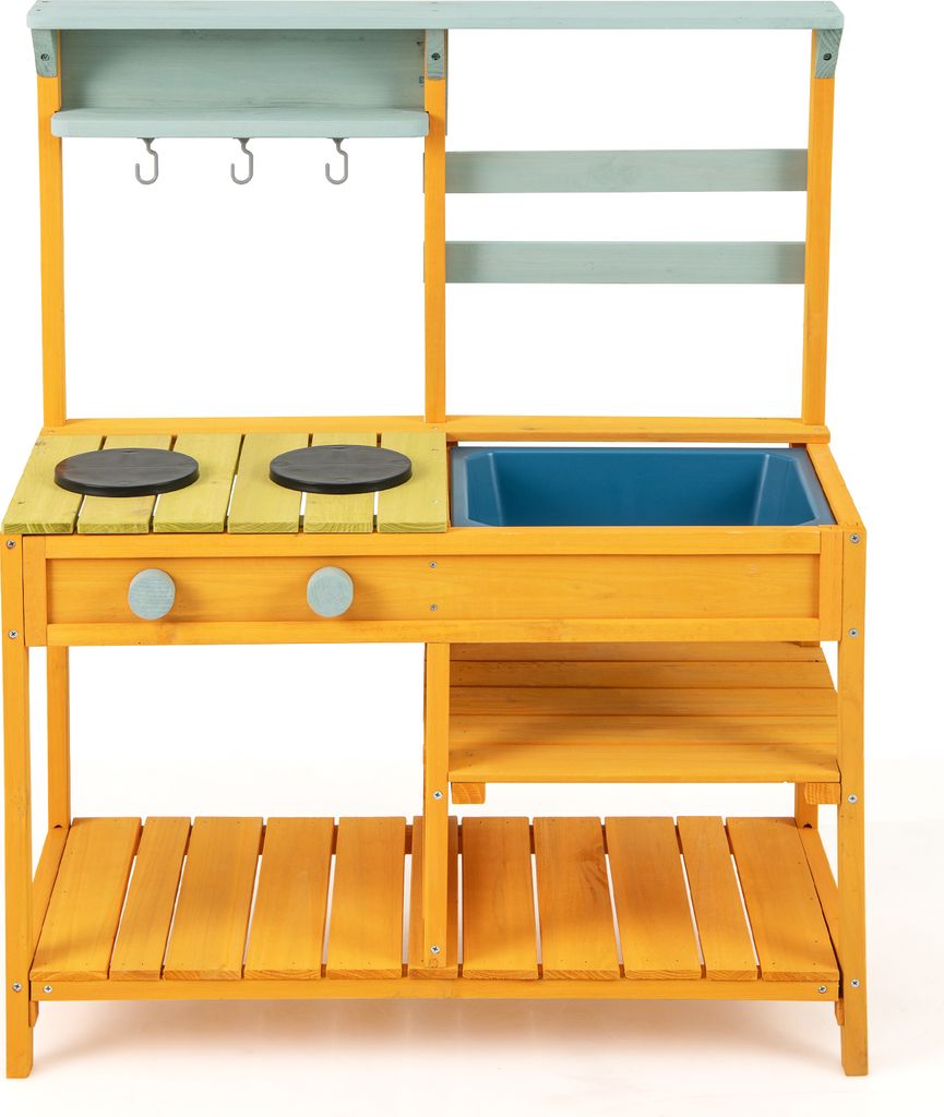 DREAMADE Outdoor-Matschküche, Spielküche aus Fichtenholz mit Spüle & Herd, Interaktives Rollenspiel-Küchenset, für Kinder ab 3 Jahre(Gelb)