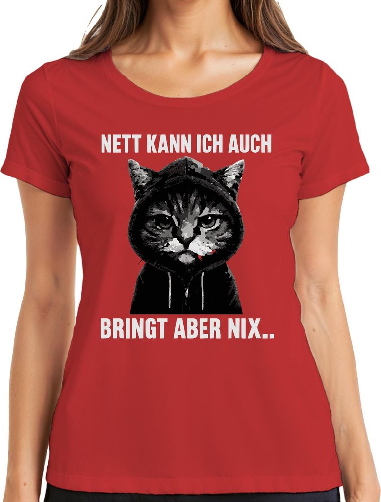 Nett kann ich auch bringt aber nix freche Katze Kapuze lustig Damen T-Shirt, Rot, L