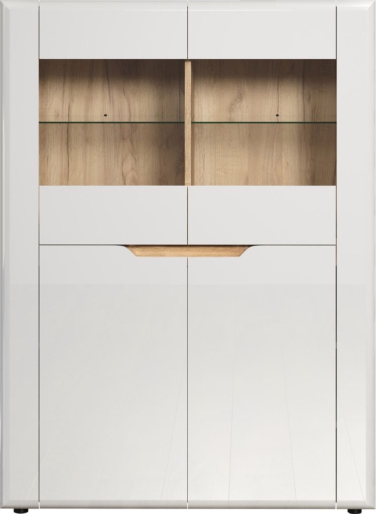 A white highboard with wooden accents.