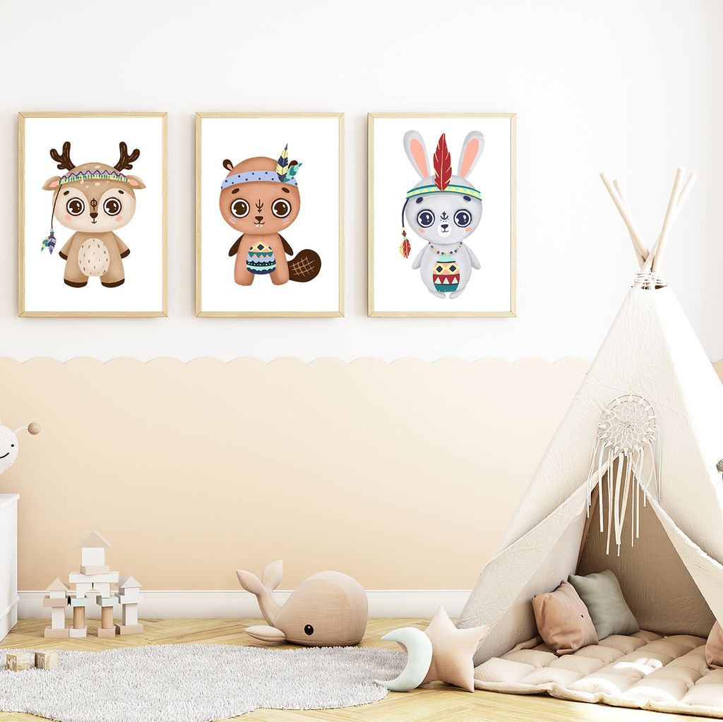 Indianer Tiere 3er Set Kinderzimmer Bilder DIN A4 Poster Babyzimmer Wandbilder Dekoration - Reh Biber Hase