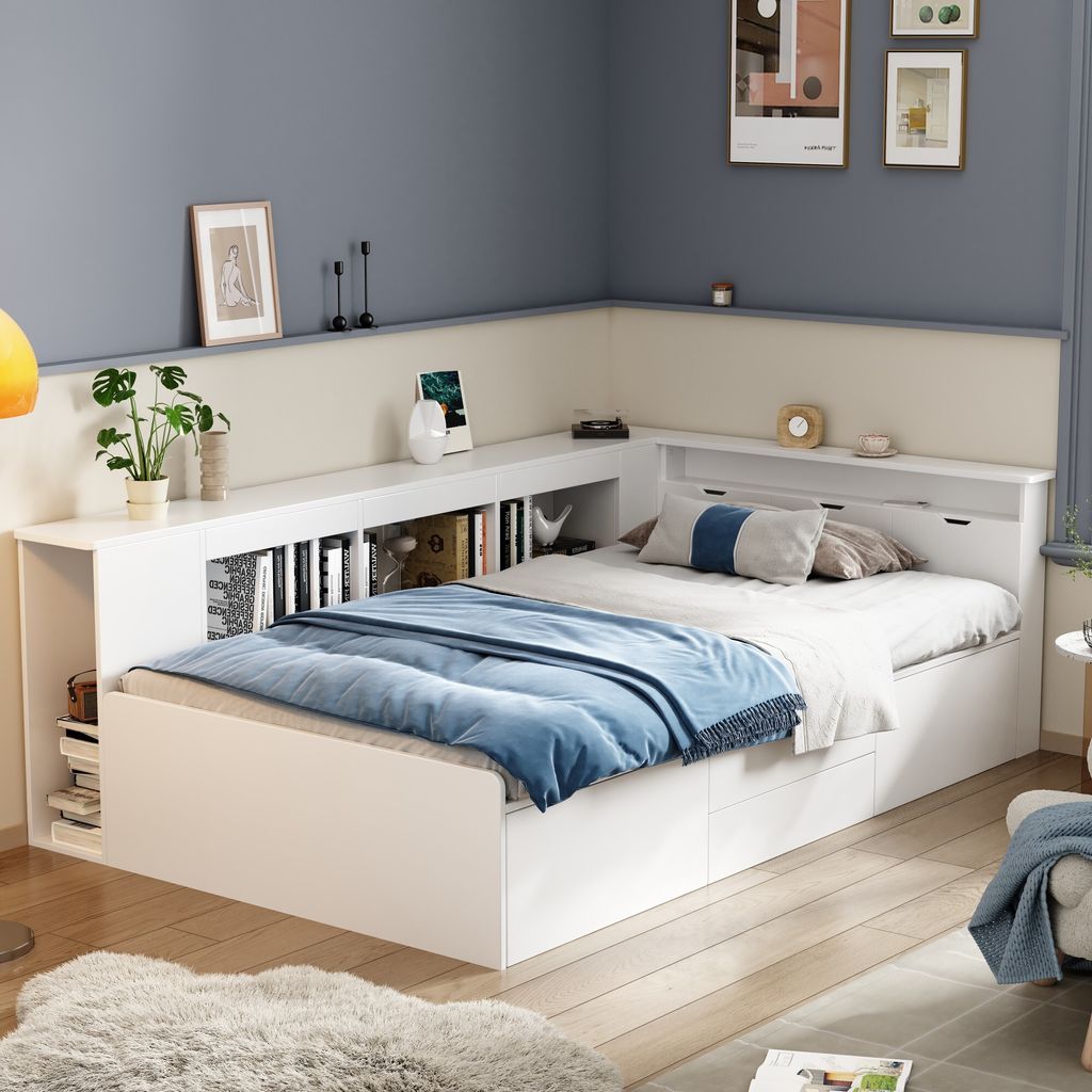 STILVORA Kinderbett 90x200cm Daybett mit Lattenrost und Schubladen,Massivholzbett Einzelbett mit Bücherregal und Stauschrank, weiß(Ohne Matratze)