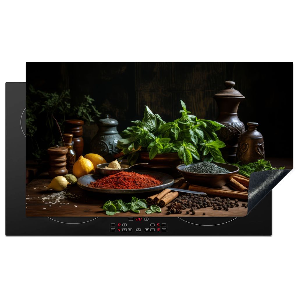 KitchenYeah Herdabdeckplatte Stilleben - Kräuter - Schwarz , 91x52cm, Küche Deko, Glaskeramikkochfeld Herdabdeckung, Abdeckplatte fùr Kochfeld