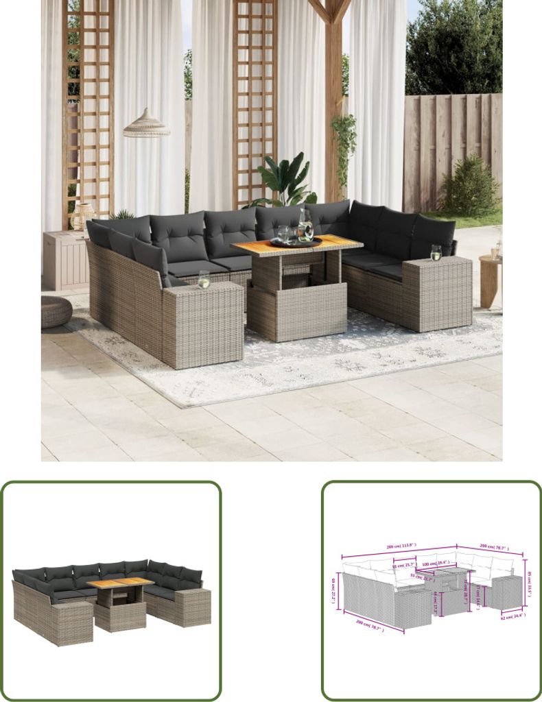 The Living Store 10-tlg. Garten-Sofagarnitur mit Kissen Grau Poly Rattan