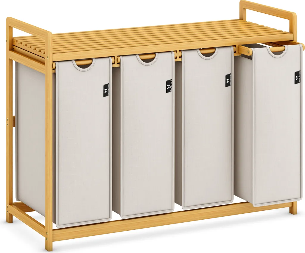 Grand meuble de tri à linge 4 compartiments en bambou naturel 200 L