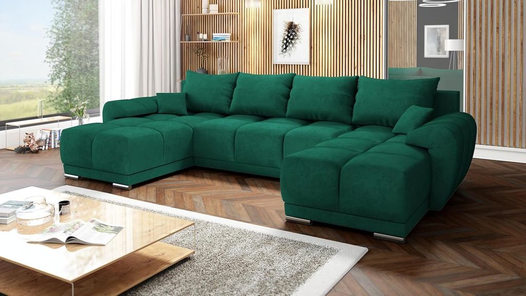 Velvet Ecksofa in U-Form – Grün M37 Sofa – Couch mit Stauraum und Kissen - Ausziehbares Schlafsofa – Sofa mit Schlaffunktion - Schlafsofa mi...