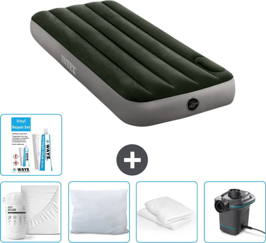 Intex Luftbett - 1 Person - 76 x 191 x 25 cm - Grün - Spannbettuch - Küssen - Pumpe - Reperaturset en Kissenschutz