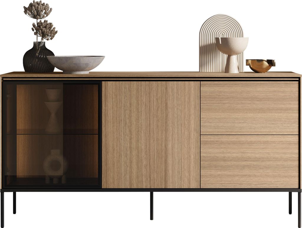 MIRJAN24 Türkommode Visso 1D1W2S VI-05, Stilvoll Wohnzimmer, Kommode mit zwei Drehtüren und zwei Schubladen (Farbe: Lineare Eiche)