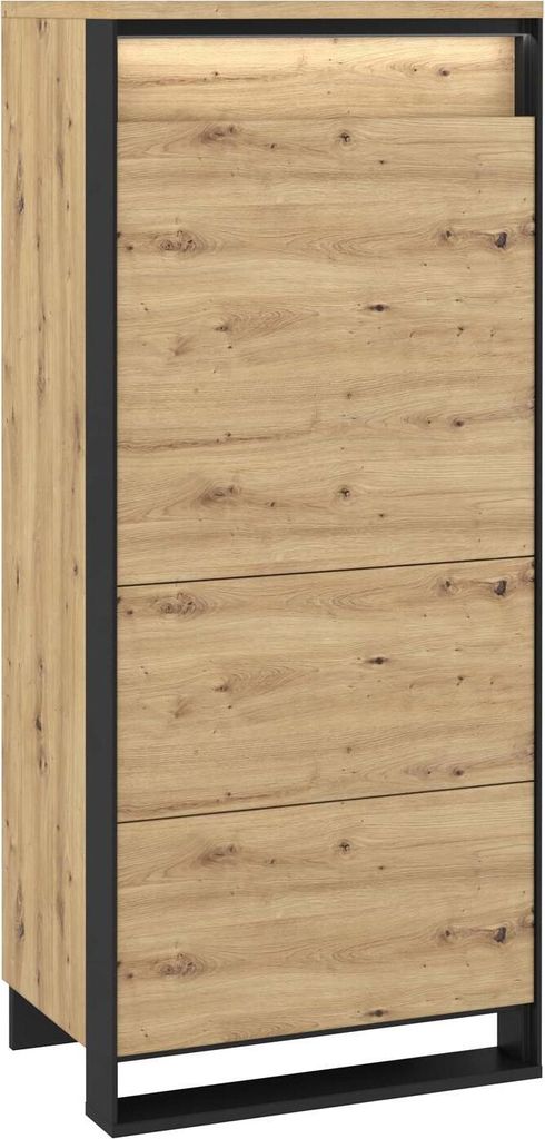 Schrank QUANT QA-07 Drehtürenschrank mit LED-Beleuchtung Mehrzweckschrank 1 Tür Regalschrank Push-to-Open 60 x 140 cm Loft (Artisan Eiche / Schwarz)