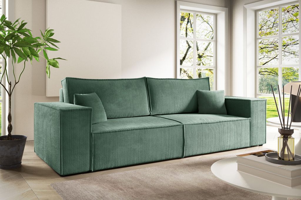 3-Sitzer-Sofa ANTONIO POSSO 255x105x70 cm, Couchgarnitur / Wohnzimmersofa mit Schlaffunktion & Bettkästen, Sofabett mit Bezug in Cord - Hellgrün