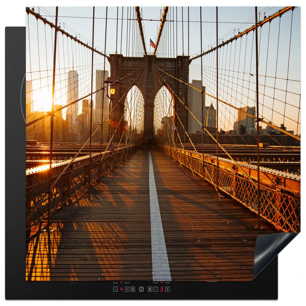 KitchenYeah Herdabdeckplatte Brooklyn Bridge in New York bei Sonnenuntergang , 78x78cm, Küche Deko, Glaskeramikkochfeld Herdabdeckung, Abdeckpla...