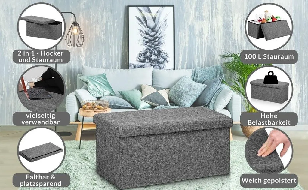 Banc de rangement pliable gris foncé 66 x 33 x 33 cm - Pouf en tissu