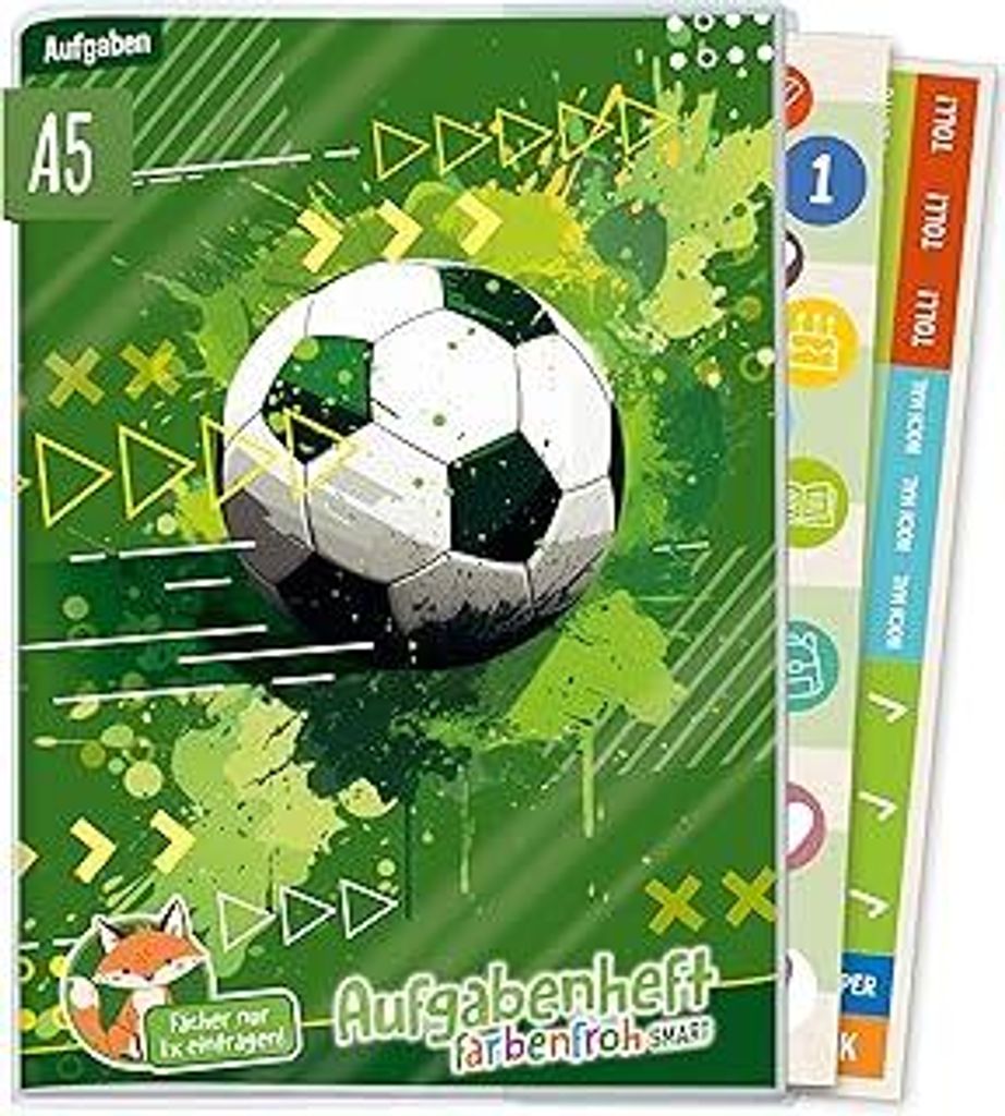 HäfftHausaufgabenheft Grundschule A5 ohne Datum mit Umschlag + Stickern - der Clou: immer sichtbarer Stundenplan Fußball - nachhaltig & klimafreu...