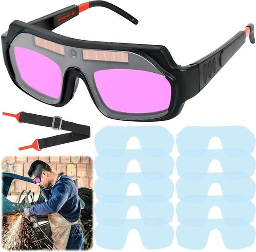 Automatische, solarbetriebene Schweißerbrille mit 10 Ersatzgläsern - verstellbare Schweißerbrille - Schweißzubehör - Blendschutz - HTML-Inhalt...