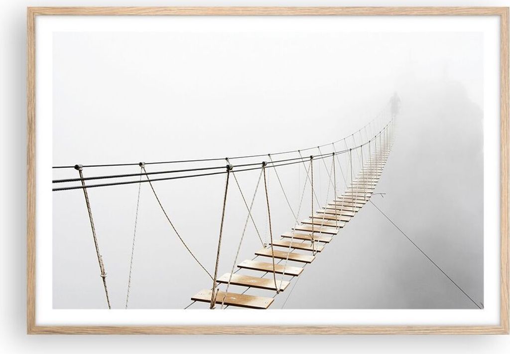 Gerahmtes Poster - Rahmen in heller Eiche - Brücke ausgesetzt Nebel - 91,5x61 cm - Wand Bild - Wanddeko - Wandbilder - Kunstposter - Wandposter - ...