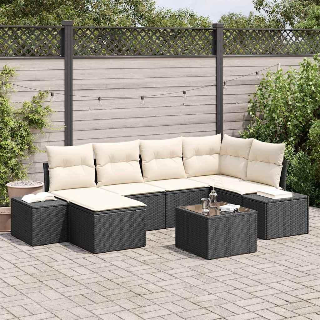Maison Exclusive - Gartensofa-set mit Kissen 7 pcs Schwarz und Creme Poly-Rattan