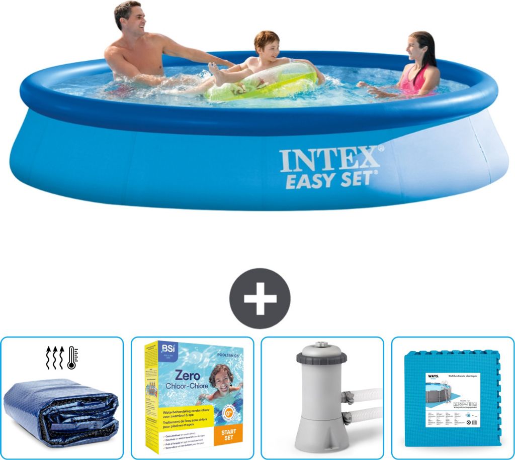 Intex runder aufblasbarer Easy-Set-Pool – 366 x 76 cm – Blau – im Lieferumfang enthalten Sonnensegel - Wartungspaket - Filterpumpe für Schwi...