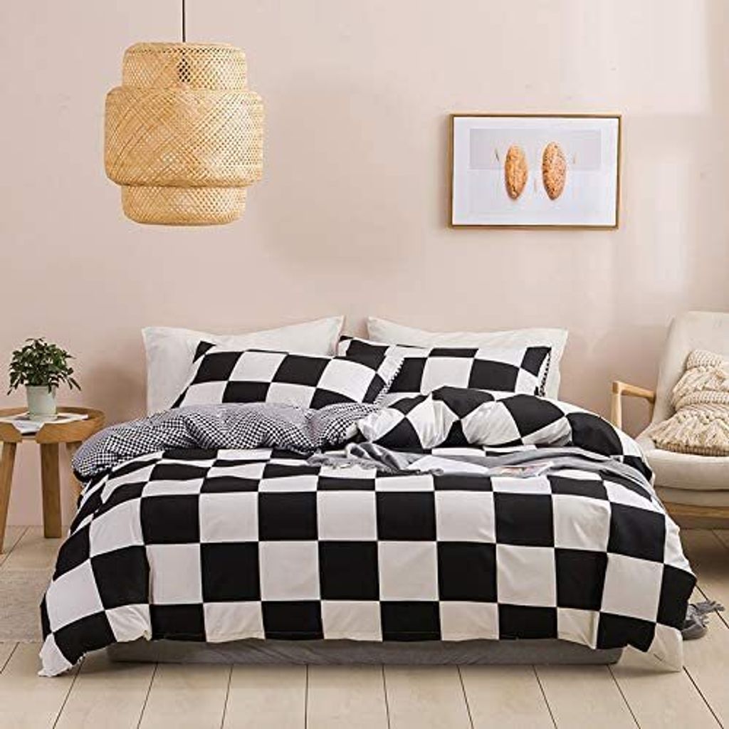Bettwäsche 200 x 200 cm Kariert Bettbezug Set Schwarz Weiß