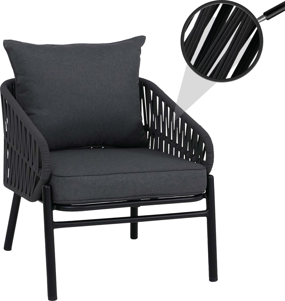 Aluminium-Gartenstuhl MCW-P90, Loungestuhl Sessel Outdoor, Seilgeflecht Rope Stoff/Textil (180g/m²) anthrazit