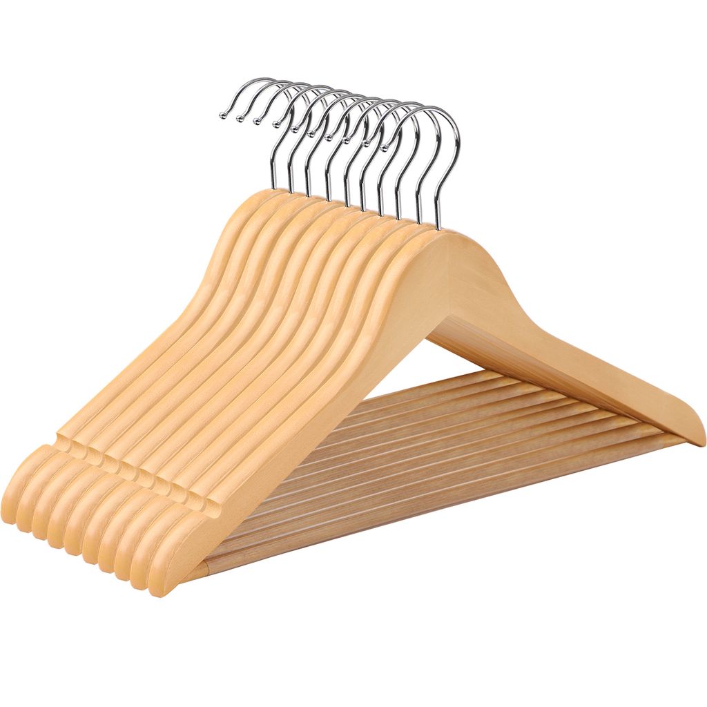 A stack of wooden clothes hangers with silver hooks against a white background.