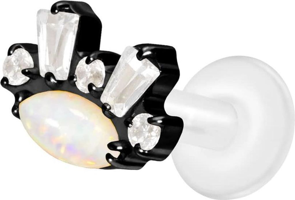 Ohrpiercing, Nasenpiercing PTFE Labret mit Innengewinde + Titan-Aufsatz SYNTHETISCHER OPAL+ KRISTALLE Schwarz Stablänge: 6mm | Stabstärke: 1,6mm
