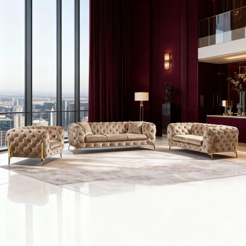 Sofa Monaco, zeitlose Eleganz mit edler Knopfheftung in m Samt Spar-Set, 3-Sitzer + 2-Sitzer + Sessel / Farbe: Goldfarben | Beige