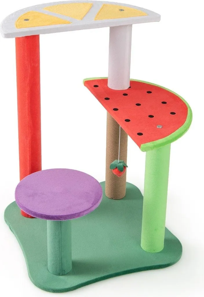 Piccolo tiragraffi con piattaforme, pallina di fragole e tiragraffi. Simpatico tiragraffi a tema frutta