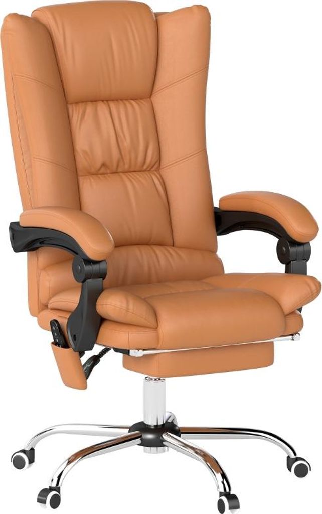 Massage-Bürostuhl, Schreibtischstuhl mit Heizfunktion, Drehstuhl, Liegefunktion, höhenverstellbarer PC-Stuhl, Hellbraun