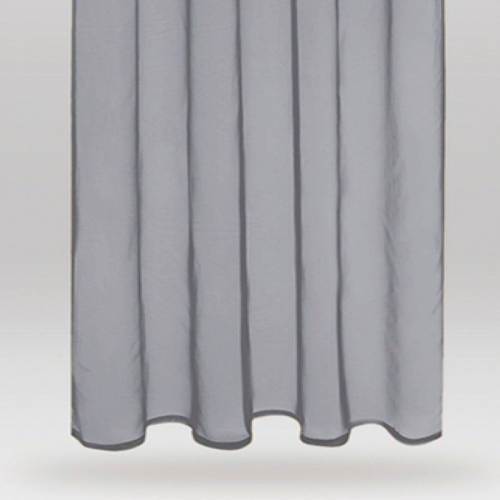 A close-up of a gray, sheer curtain with vertical pleats.