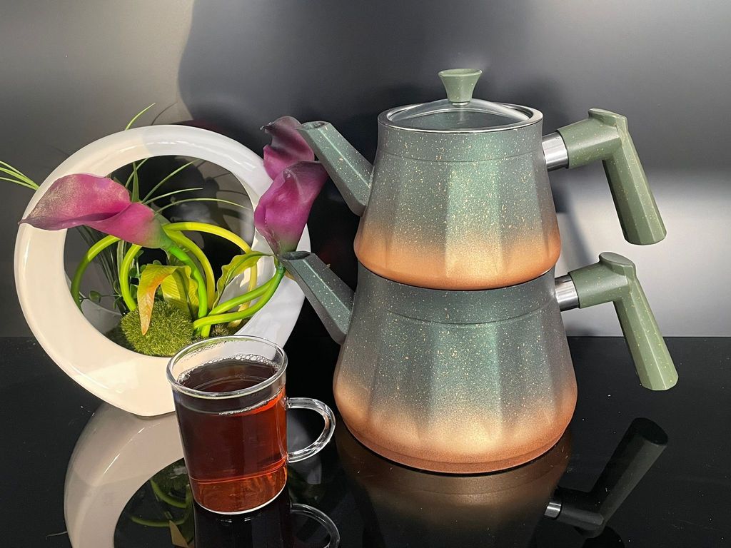 Granit-Teekannen-Set - Obere Teekanne (1,1 Liter) untere Teekanne (2,1 Liter) Grün Gold