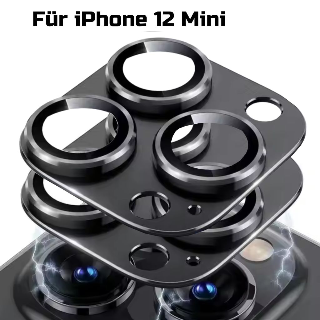 A close-up view of camera lens protectors for an iPhone 12 Mini, stacked on top of each other, with the phone's camera lenses visible underneath.