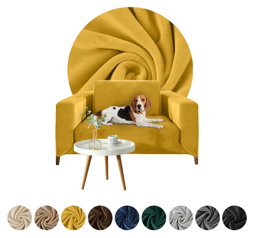 Elastischer Velours-Bezug für 1-Sitzer Sofa, Couch oder Schlafsofa in Honigfarbe – Schonbezug