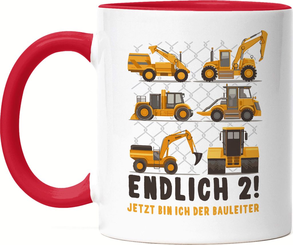 Endlich 2 Tasse Rot 2. Geburtstag Geburtstagskind Kindergeburtstag Bagger Baustelle Baumeister