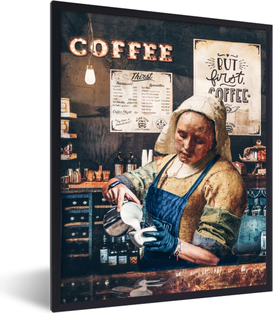 MuchoWow Gerahmtes Poster Cappuccino - Vermeer - Milchmädchen - Barista - Kaffee - Vintage 60x80 cm - Poster mit Schwarzem Bilderrahmen Wandpost...