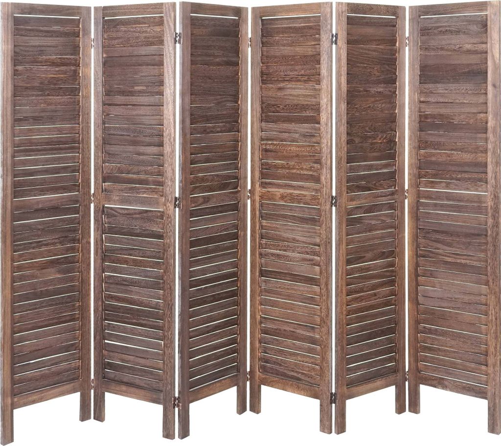 A wooden room divider with multiple panels.