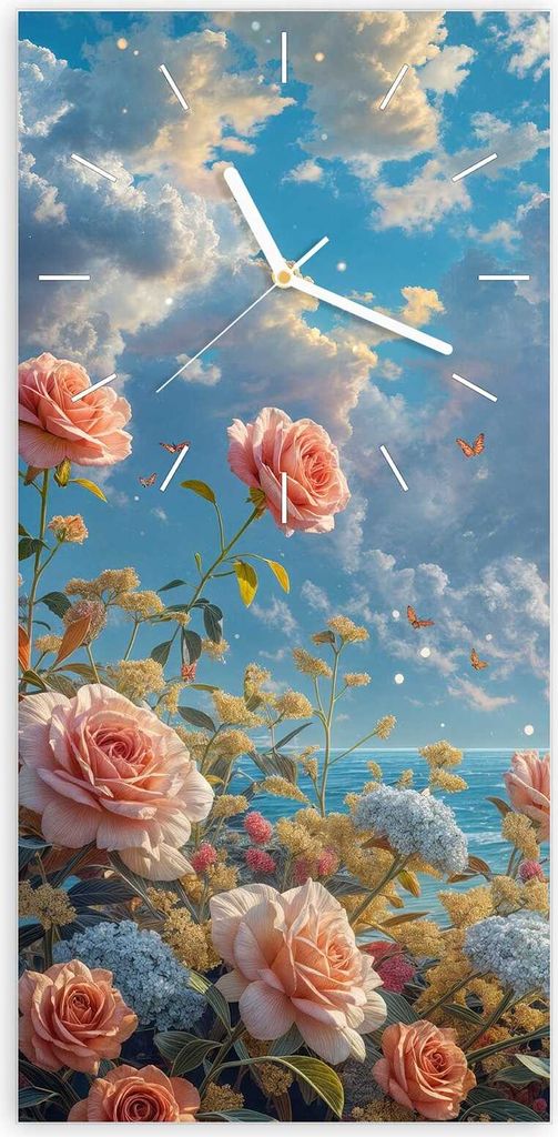 Wanduhr aus Glas mit Motiv Strandzeit mit Rosen- 30 x 60 cm - inkl. Aufhängesystem