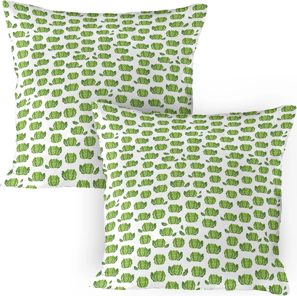 ABAKUHAUS Agricoltura Fodera per cuscino Confezione da 2, Lattuga da giardino Insalata fresca Cibo biologico Cibo sano, Cibo vegano Grafica, Fodera per cuscino decorativa stampata, 80x80 cm, Verde felce Bianco
